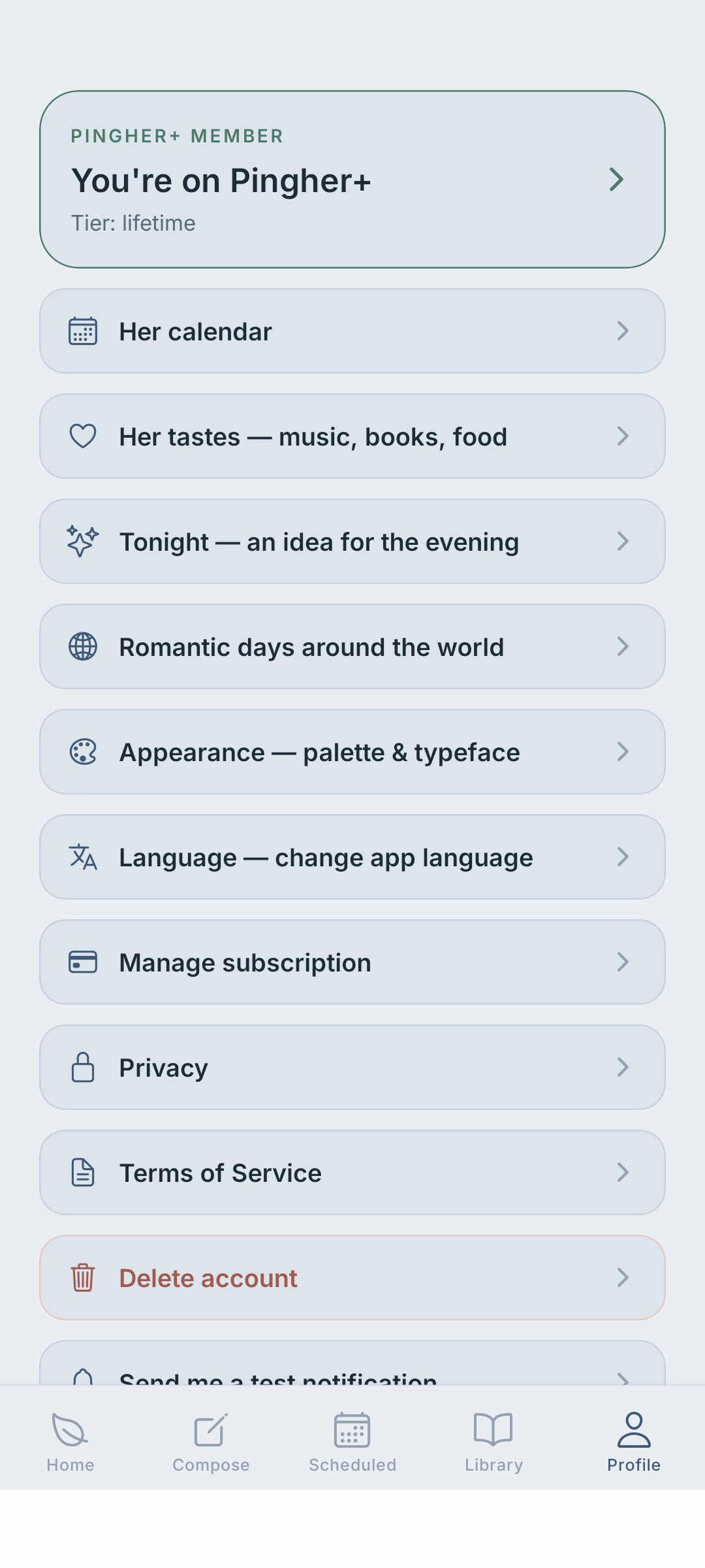 Profile — Pingher+ lifetime member with all settings: Her calendar, Her tastes, Tonight, Romantic days around the world, Appearance, Language, Manage subscription.