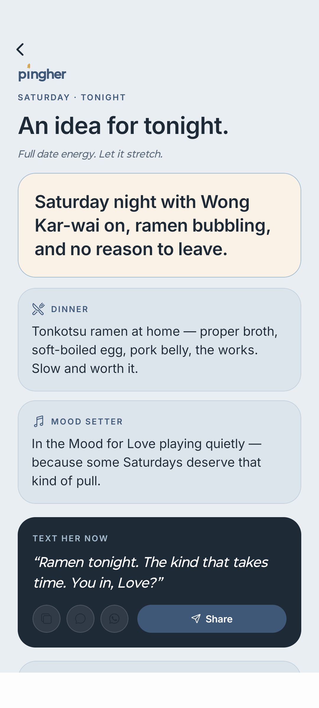 Tonight — a curated date-night idea (Saturday ramen and Wong Kar-wai) with a 'Text her now' suggested message.