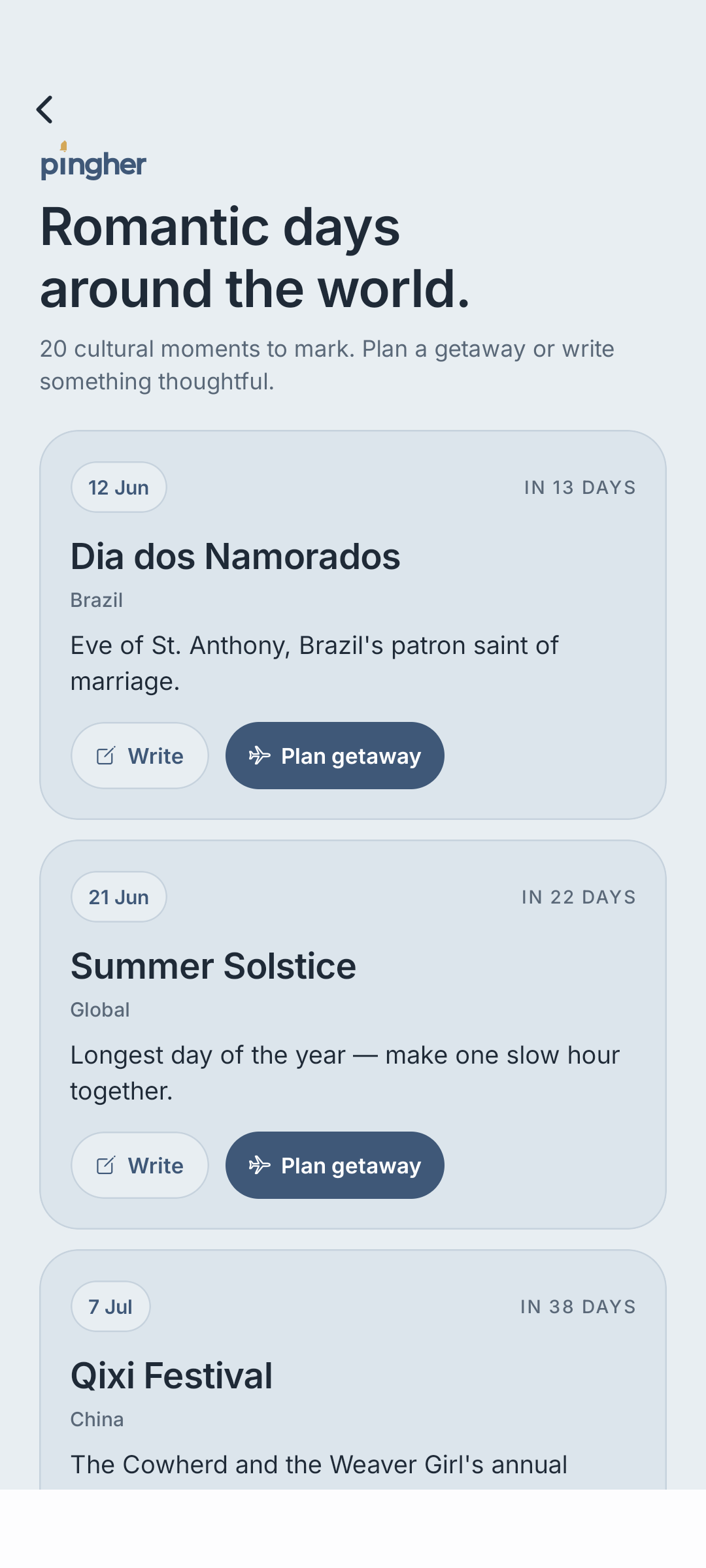 Romantic days around the world — 20 cultural moments to mark (Dia dos Namorados, Summer Solstice, Qixi Festival) with 'Write' and 'Plan getaway' actions.